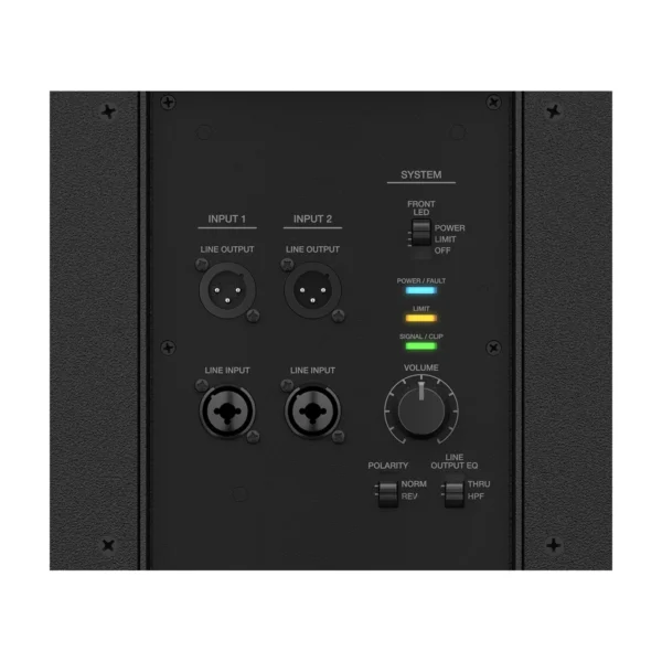 Panneau de connectique du Bose F1 SUB : entrées et sorties ligne, réglage de polarité