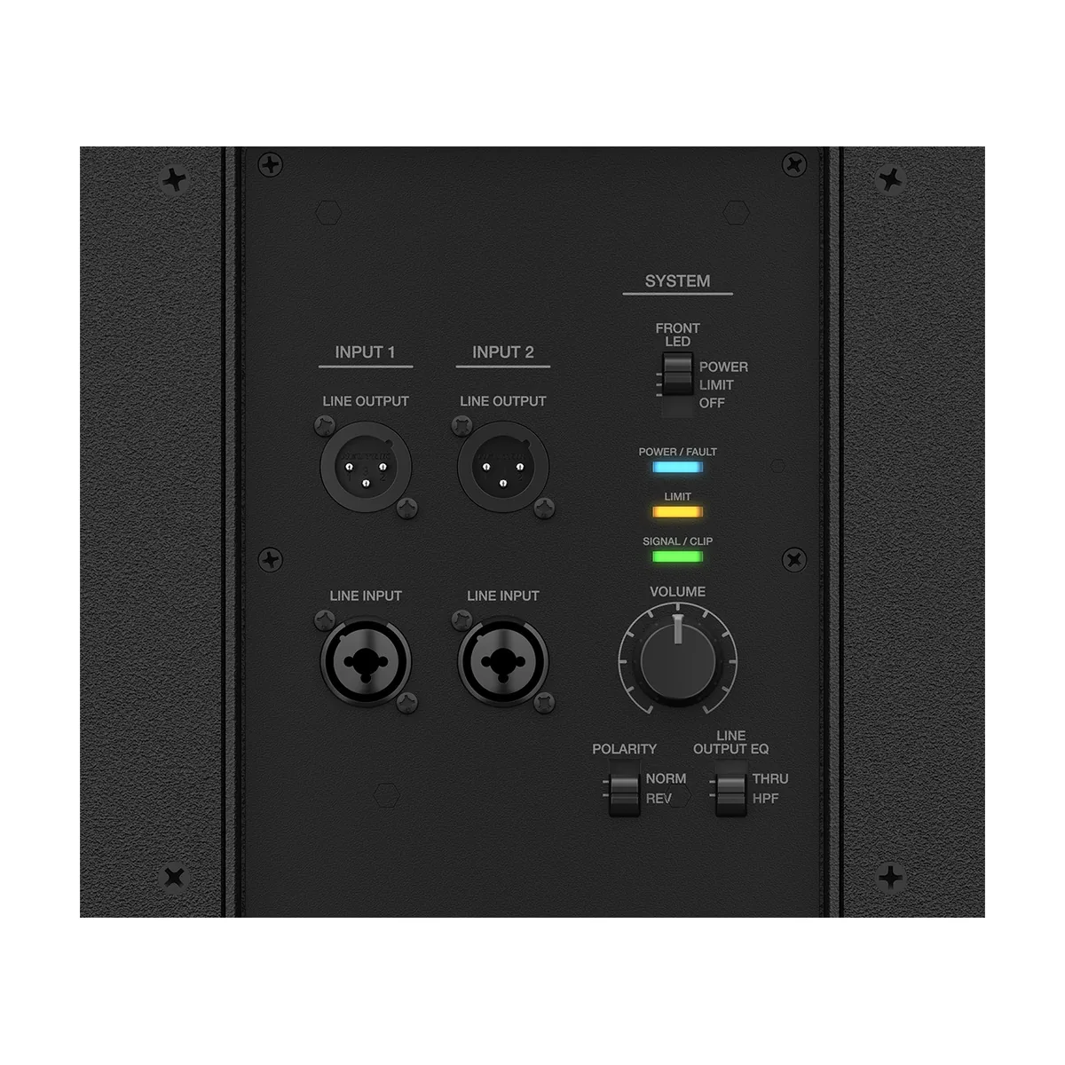 f1-sub-4 Panneau de connectique du Bose F1 SUB : entrées et sorties ligne, réglage de polarité