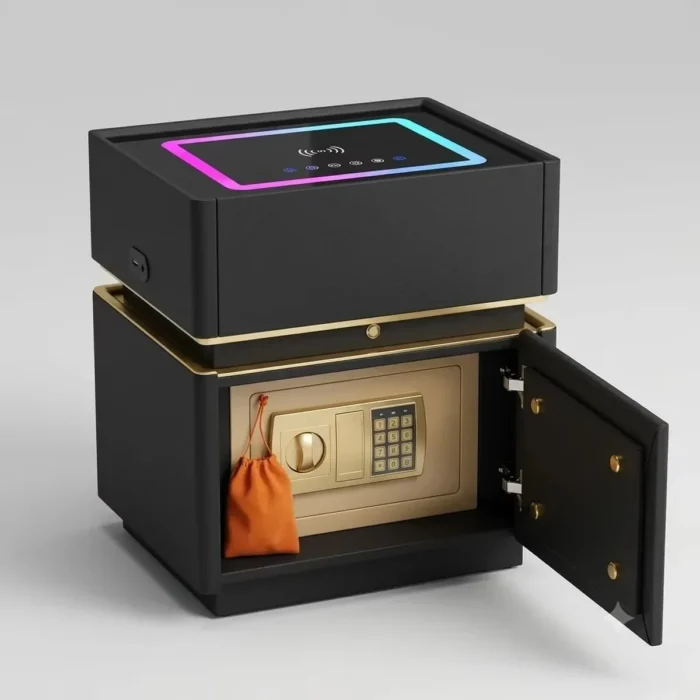 Table de chevet connectée noire, porte ouverte sur le coffre-fort à code