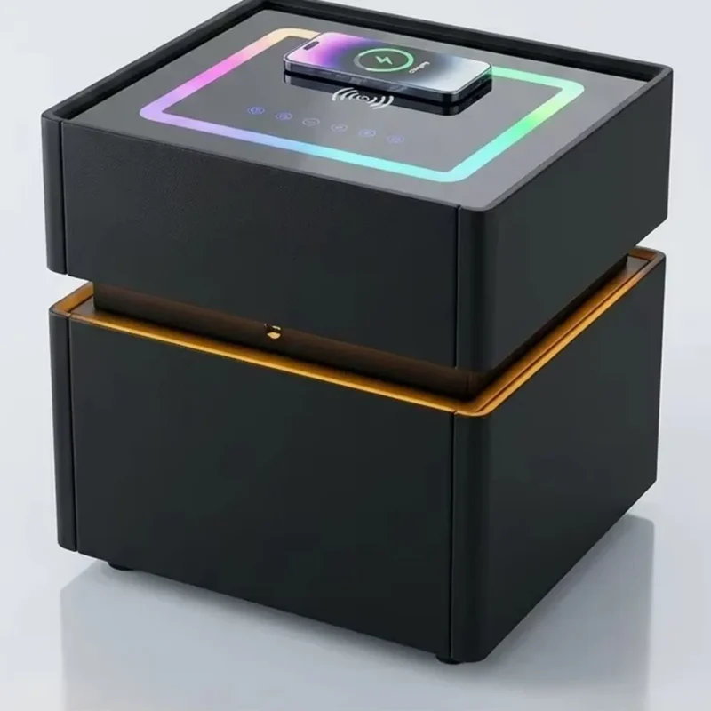 Table de chevet connectée : téléphone en charge sans fil sur le plateau lumineux